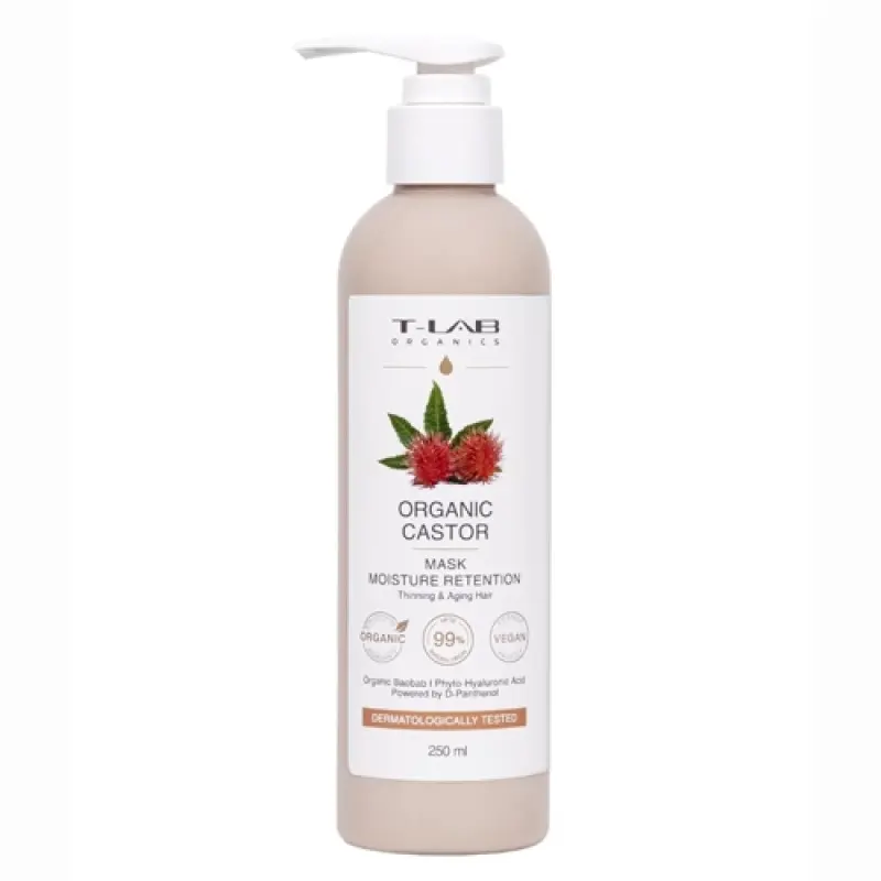 T-LAB ORGANICS Укрепляющая и придающая энергию маска для тонких, поврежденных волос с касторовым маслом, 250 мл.