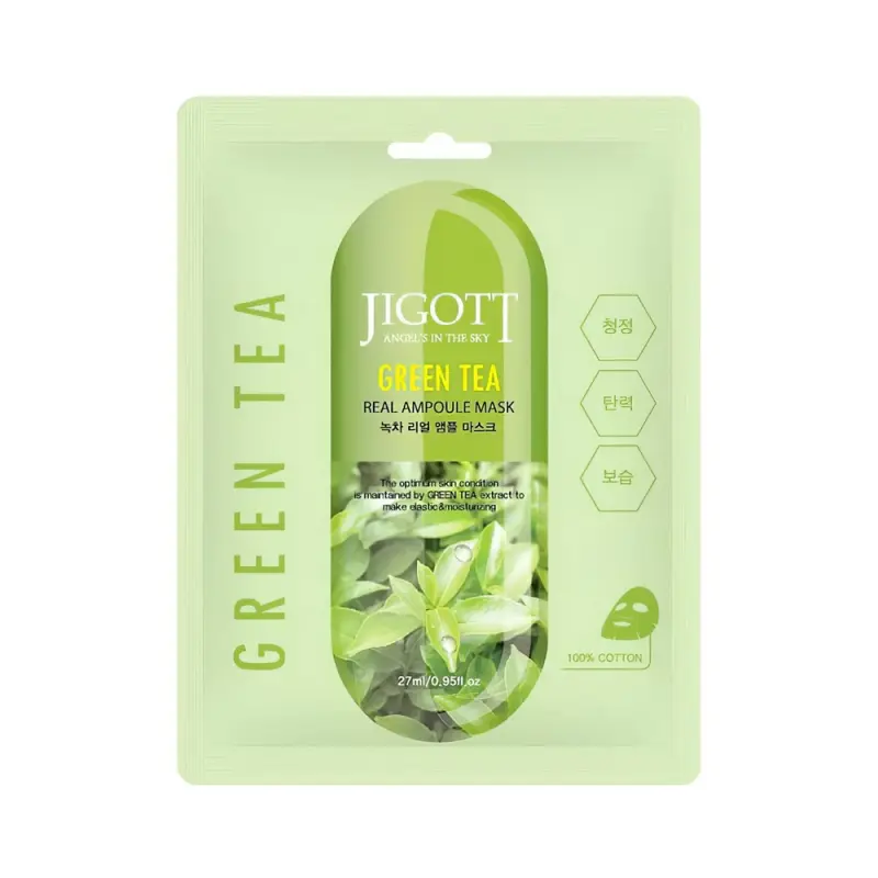 JIGOTT Тканевая маска для лица  GREEN TEA REAL AMPOULE MASK