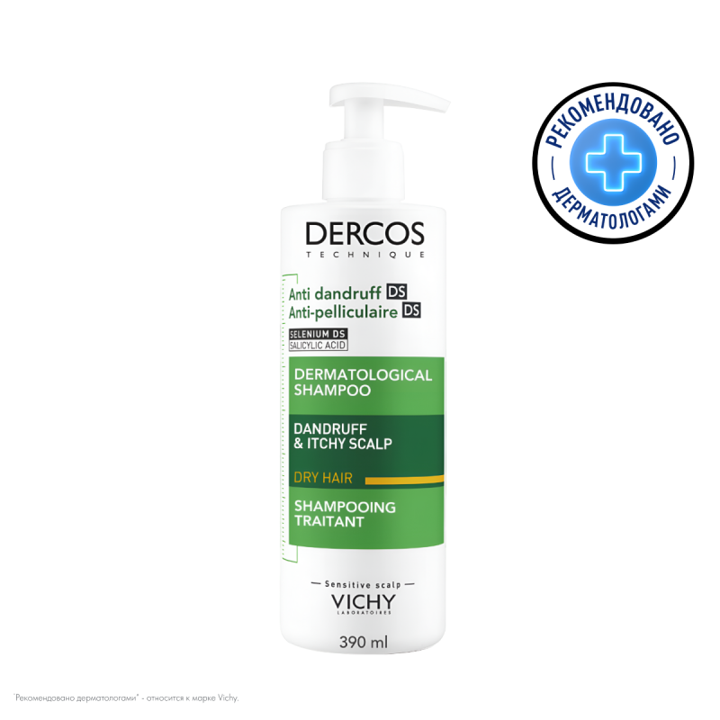 VICHY DERCOS Интенсивный шампунь-уход против перхоти для сухих волос, 390 мл