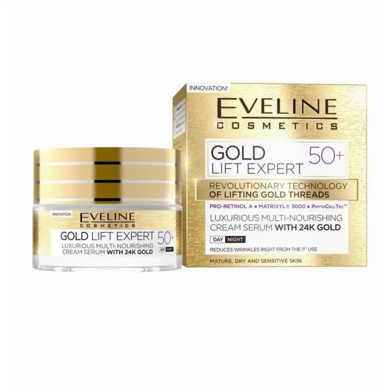 КРЕМ-СЫВОРОТКА ДЛЯ ЛИЦА EVELINE GOLD LIFT EXPERT С 24К ЗОЛОТОМ МУЛЬТИПИТАТЕЛЬНЫЙ 50+ 50МЛ