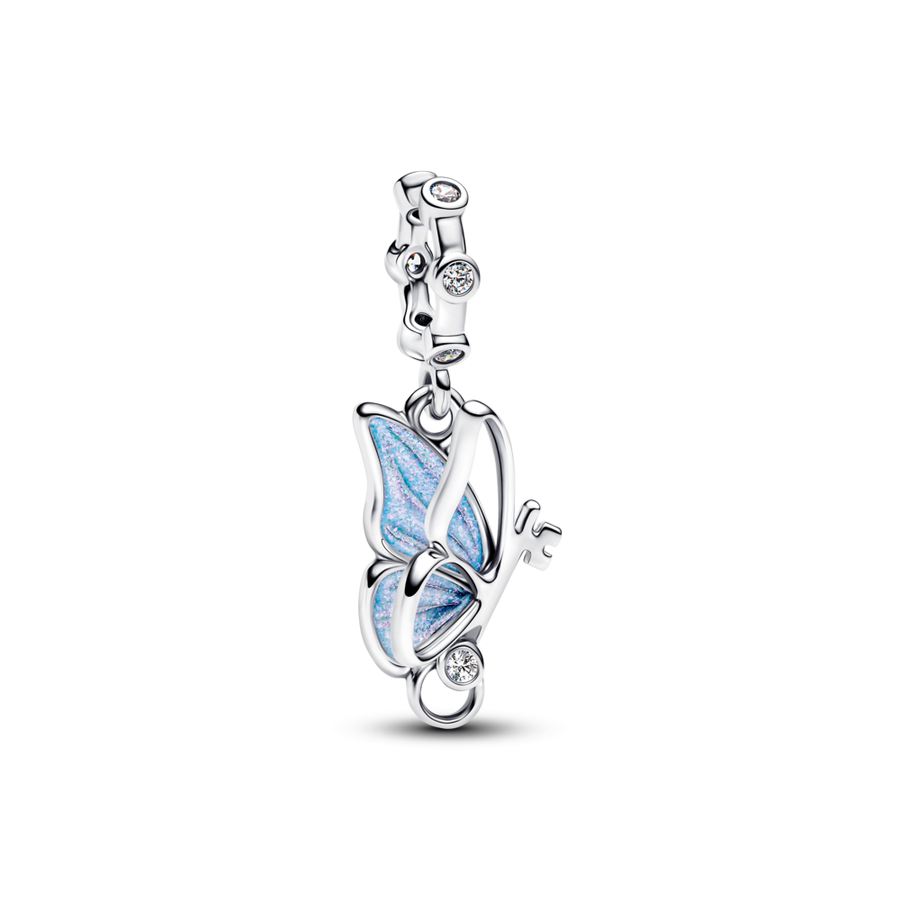 Winged key sterling silver dangle with clear cubic zirconia and shimmering blue enamel Winged key sterling silver dangle with clear cubic zirconia and shimmering blue enamel