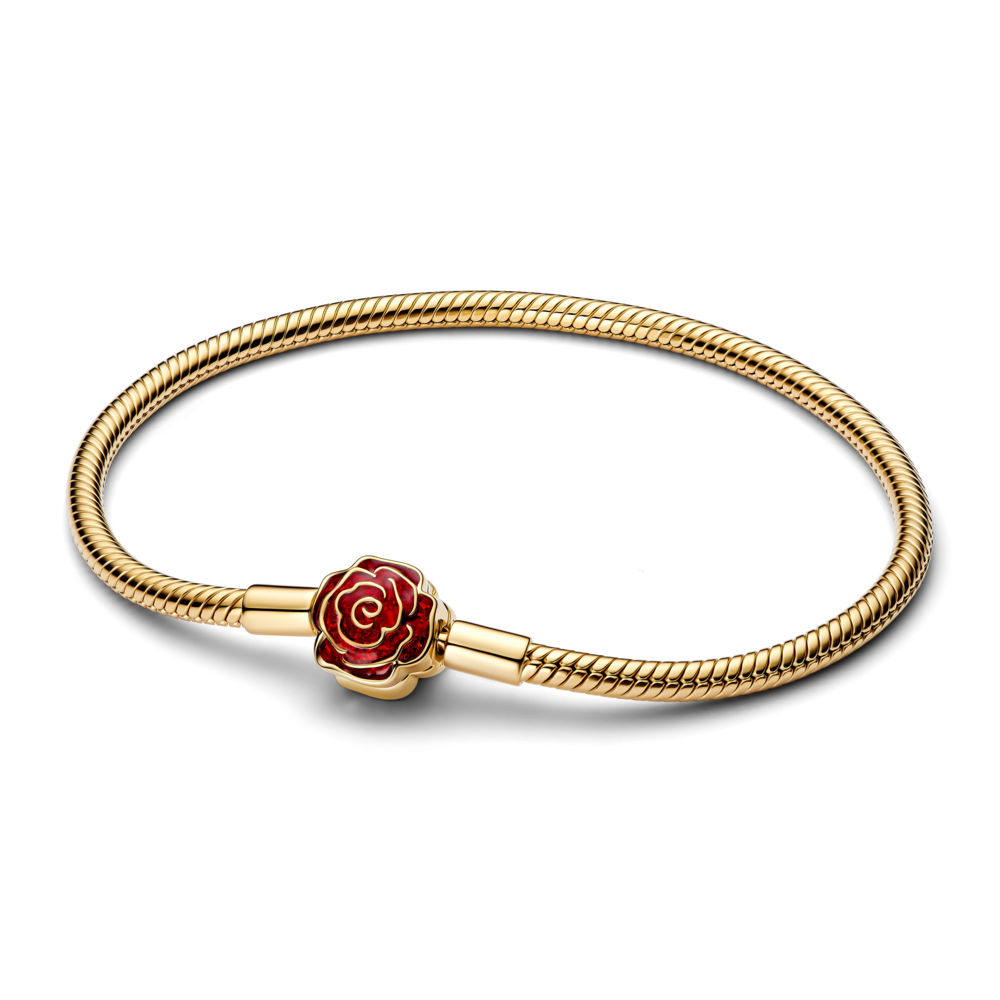 Disney Beauty & The Beast snake chain 14k gold-plated bracelet with rose clasp and holo glittery red enamel