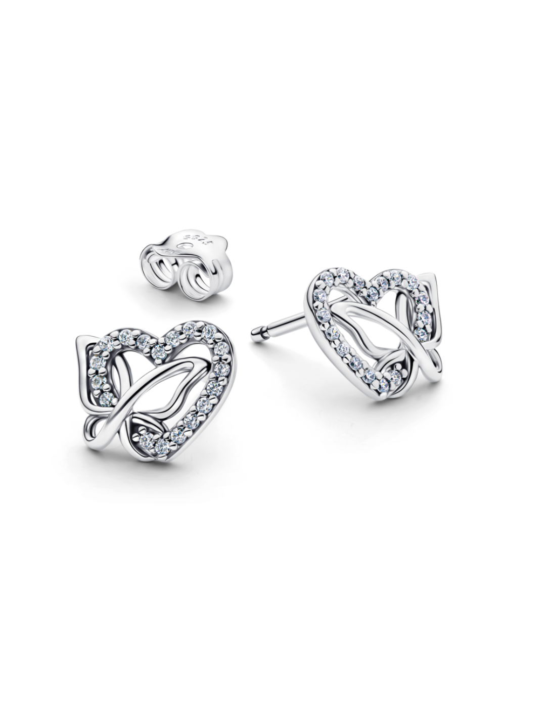 Heart and butterfly sterling silver stud earrings with clear cubic zirconia