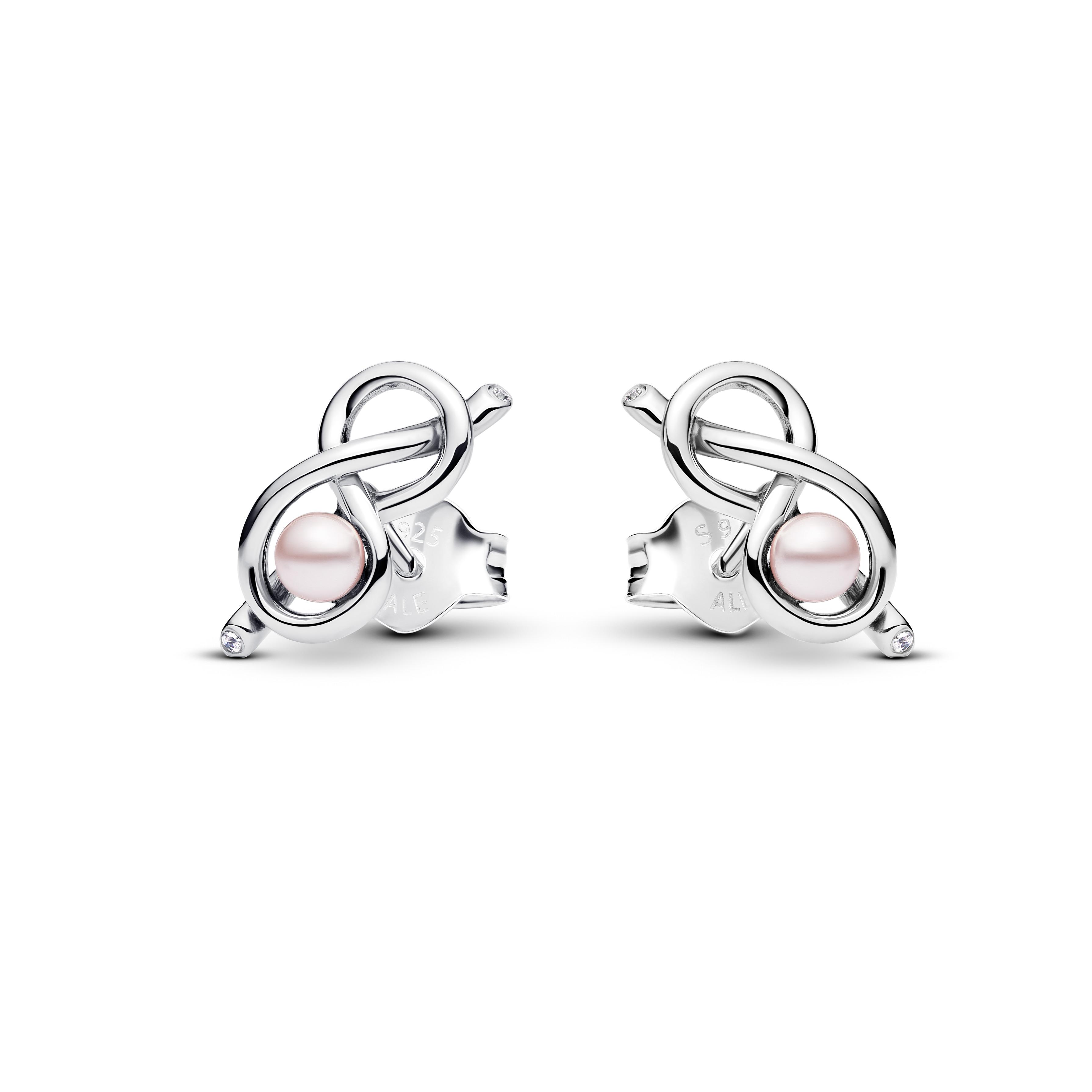 Infinity knot sterling silver stud earrings with pink lacquered artificial pearl and clear cubic zirconia