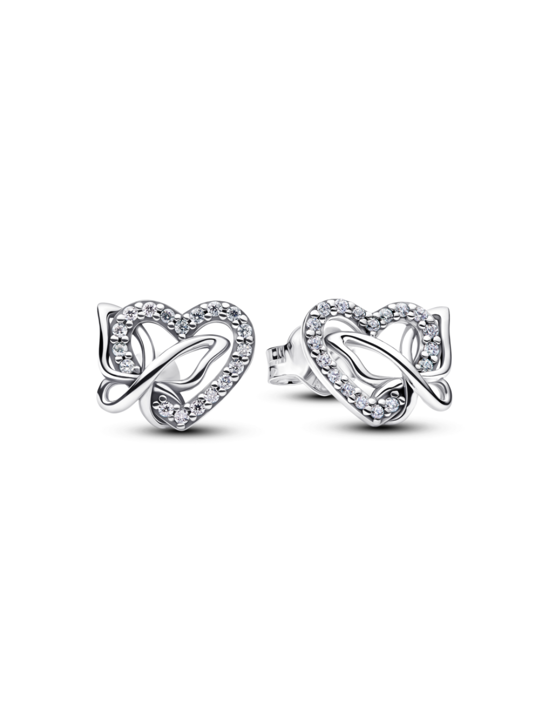 Heart and butterfly sterling silver stud earrings with clear cubic zirconia