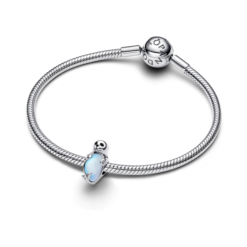 Seal sterling silver charm with black crystal, black enamel and moonstone iridescent glass Seal sterling silver charm with black crystal, black enamel and moonstone iridescent glass