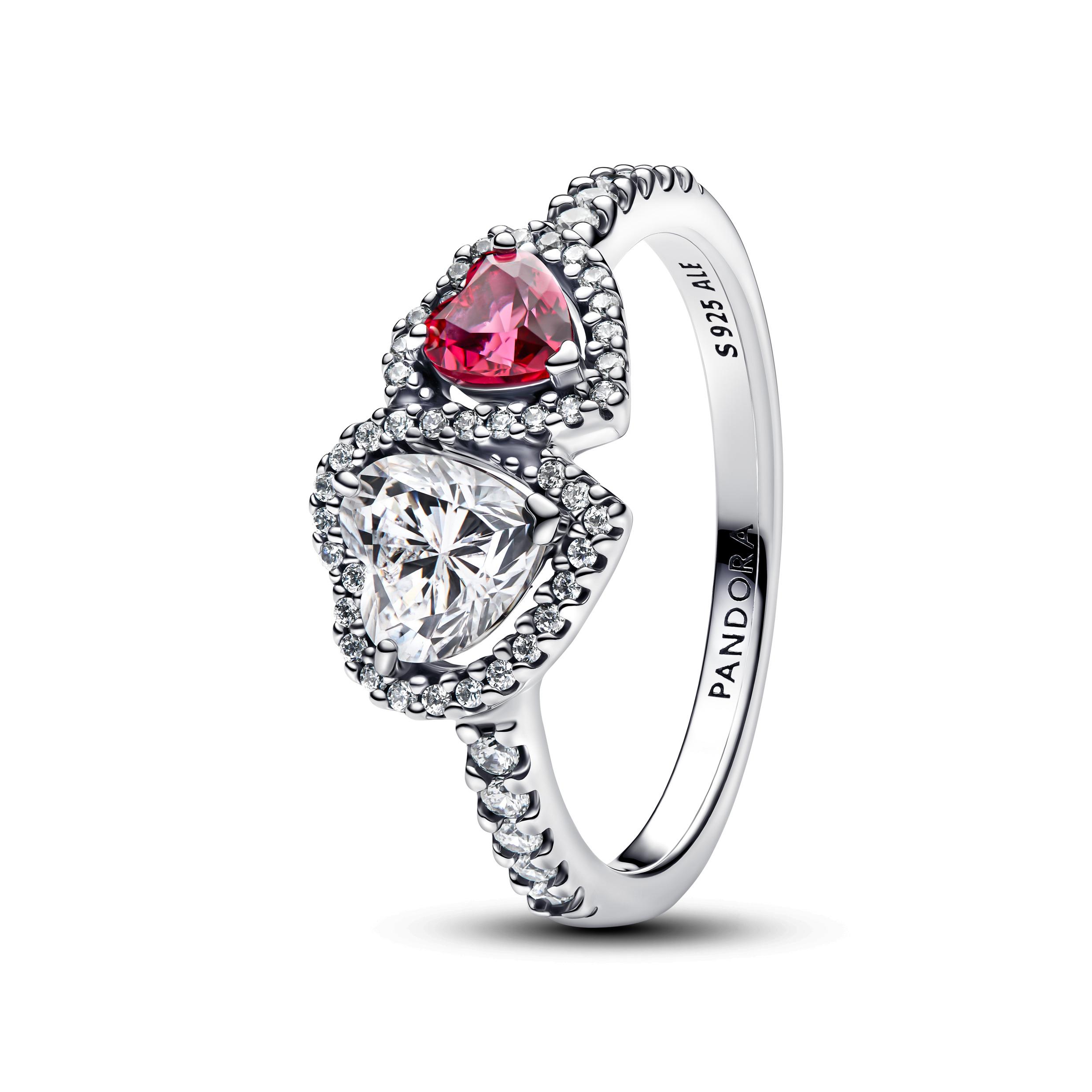 Hearts sterling silver ring with cherries jubilee red crystal and clear cubic zirconia