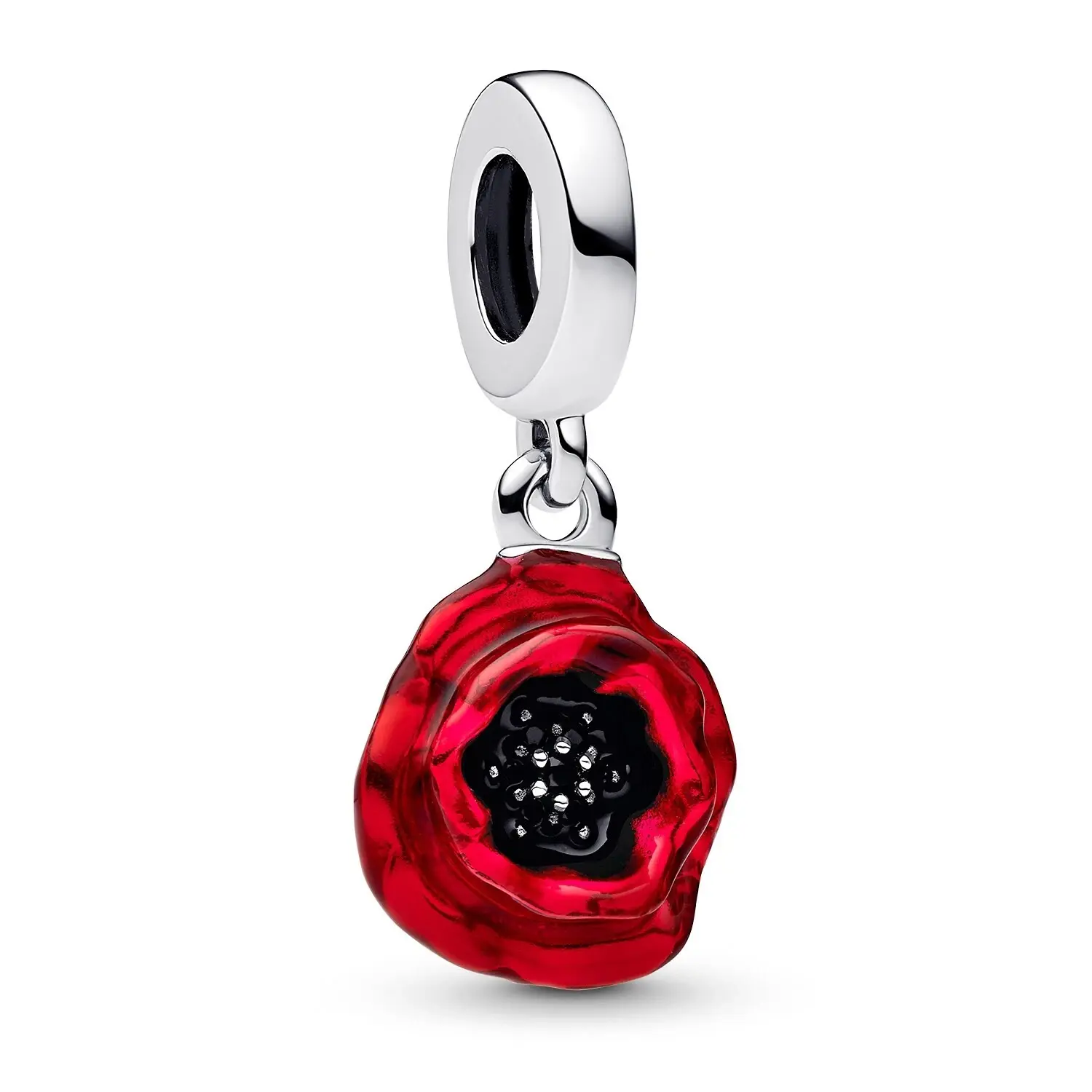 Flower sterling silver dangle with black crystal and red enamel
