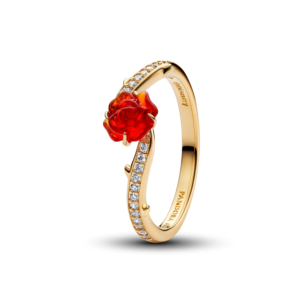 Disney Beauty and The Beast Rose 14k gold-plated ring with clear cubic zirconia and red Murano glass