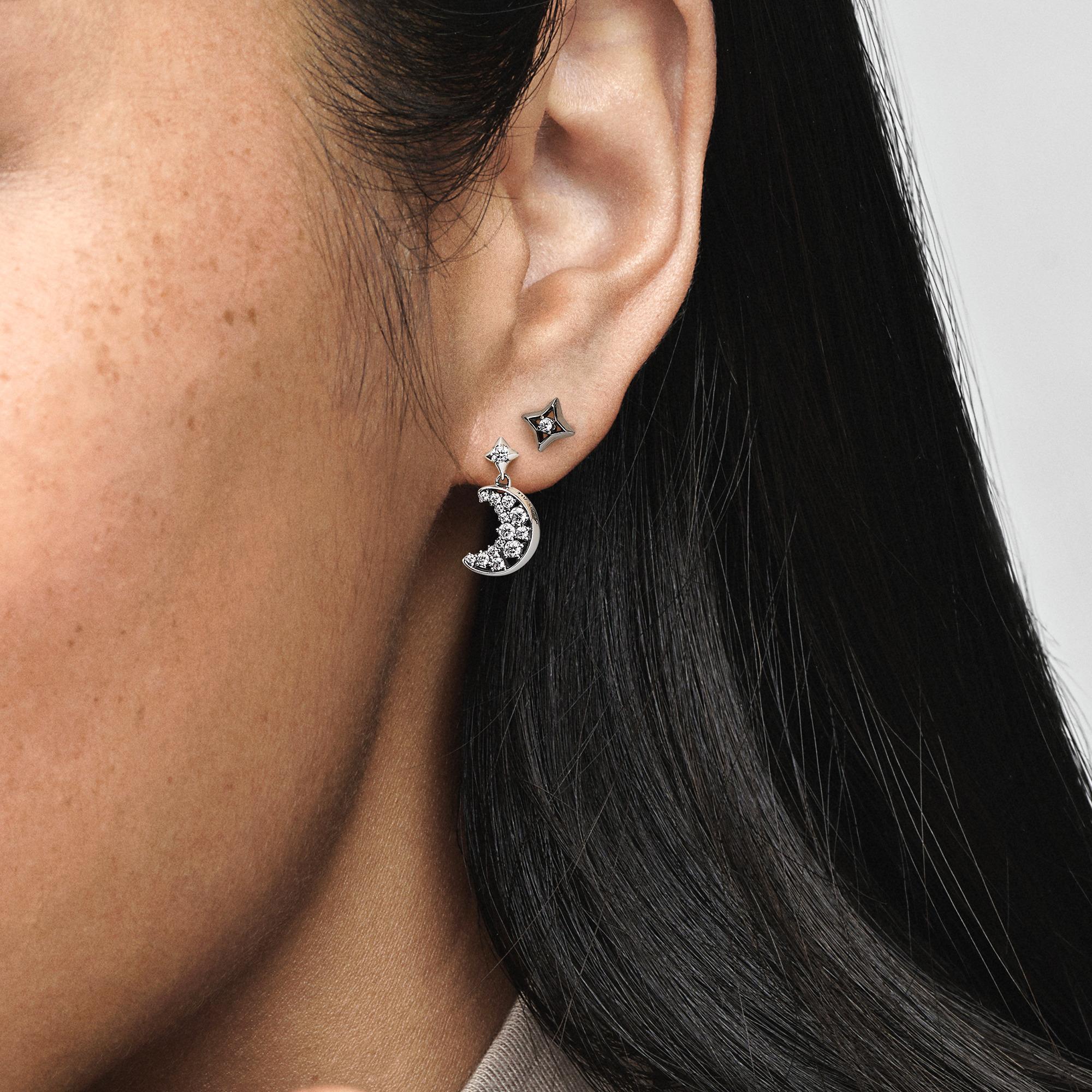 Moon and star sterling silver and ruthenium-plated stud earrings with clear cubic zirconia