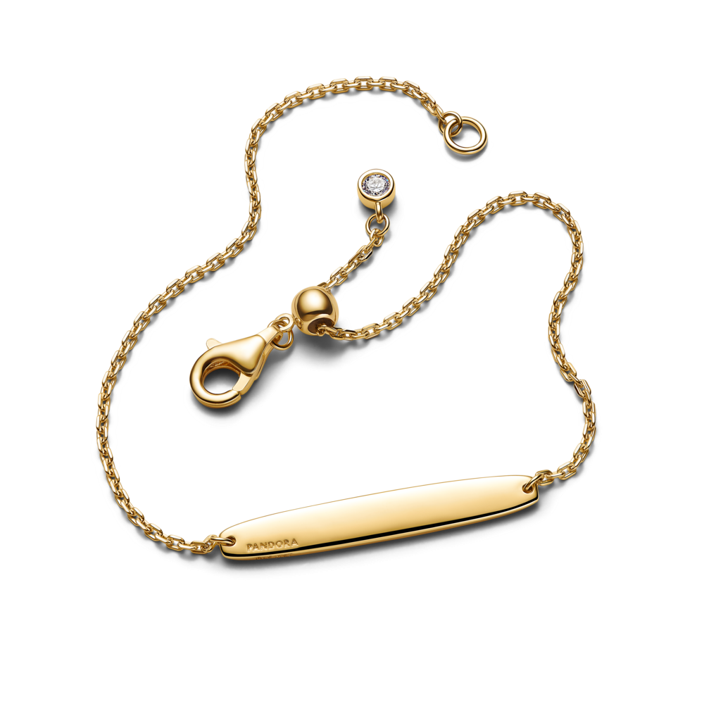 Engravable 14k gold-plated bar bracelet with clear cubic zirconia