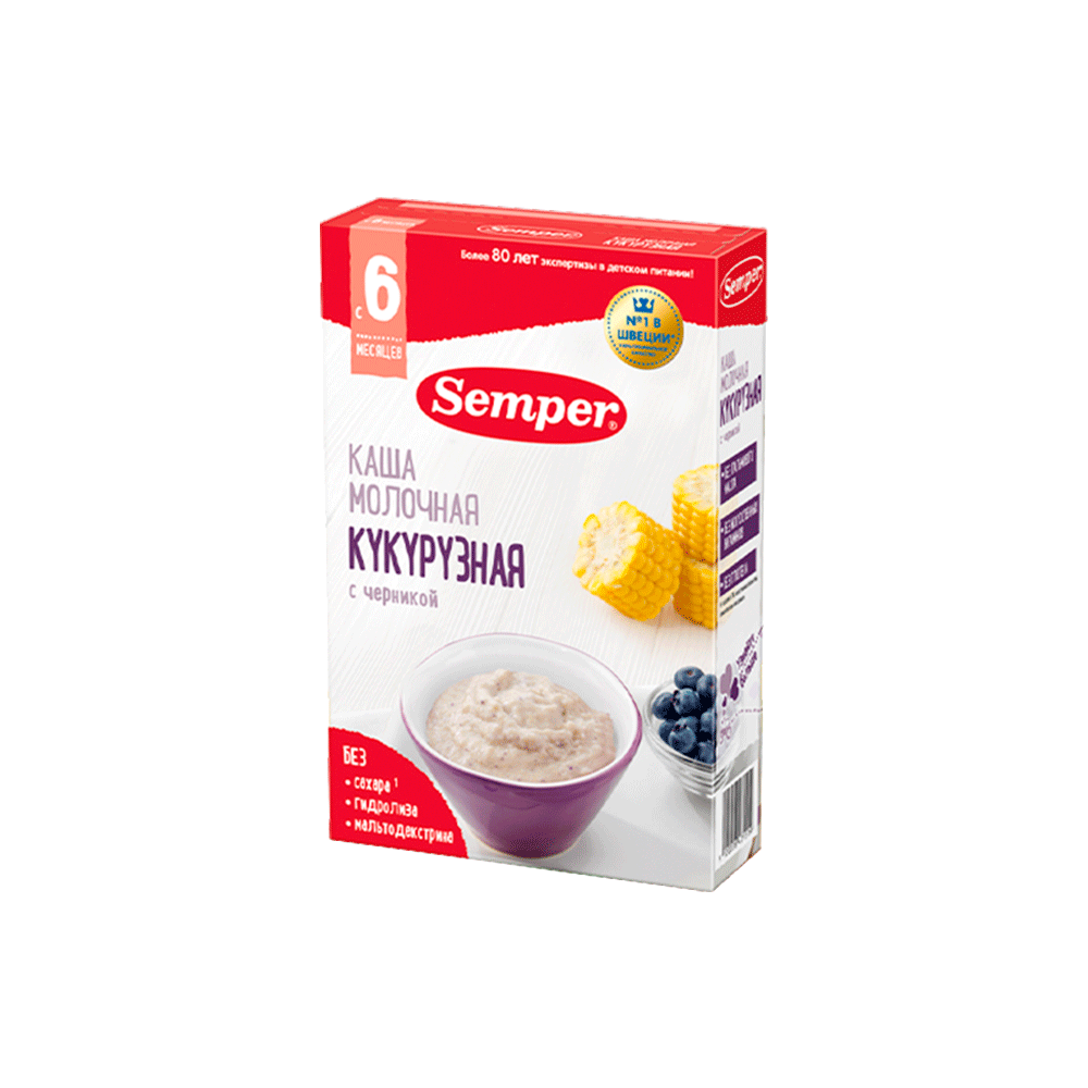 Каша Semper, молочная, кукурузная, черника, 180 гр