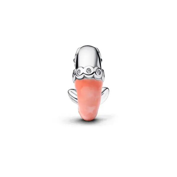 Shrimp sterling silver charm with clear cubic zirconia and pink enamel