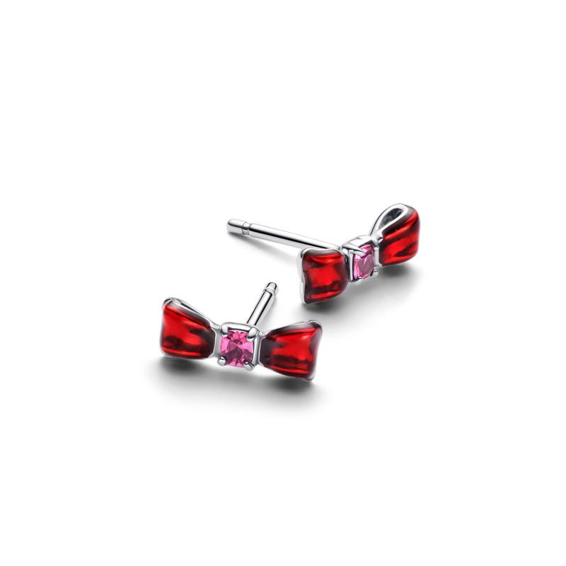 Disney Snow White bow sterling silver stud earrings with fuchsia rose crystal and red enamel