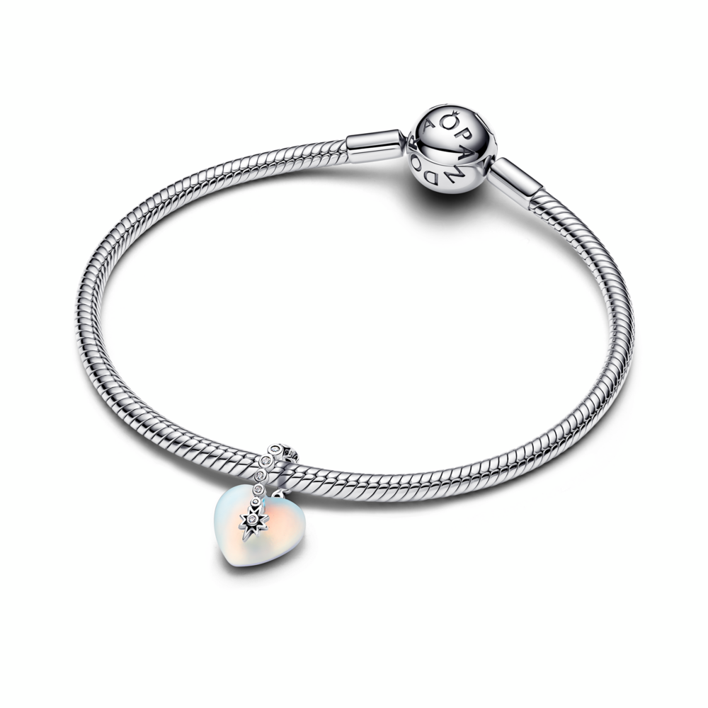 Heart sterling silver dangle with clear cubic zirconia and moonstone iridescent glass Heart sterling silver dangle with clear cubic zirconia and moonstone iridescent glass