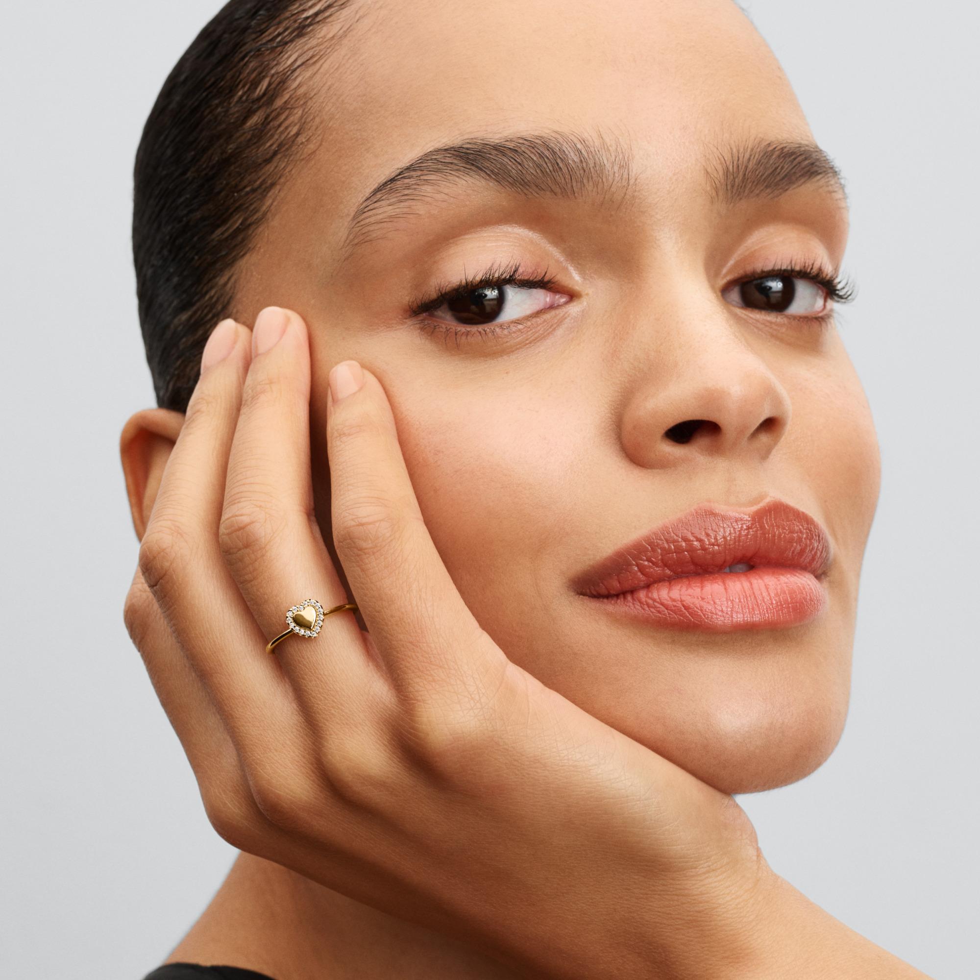 Engravable heart 14k gold-plated ring with clear cubic zirconia