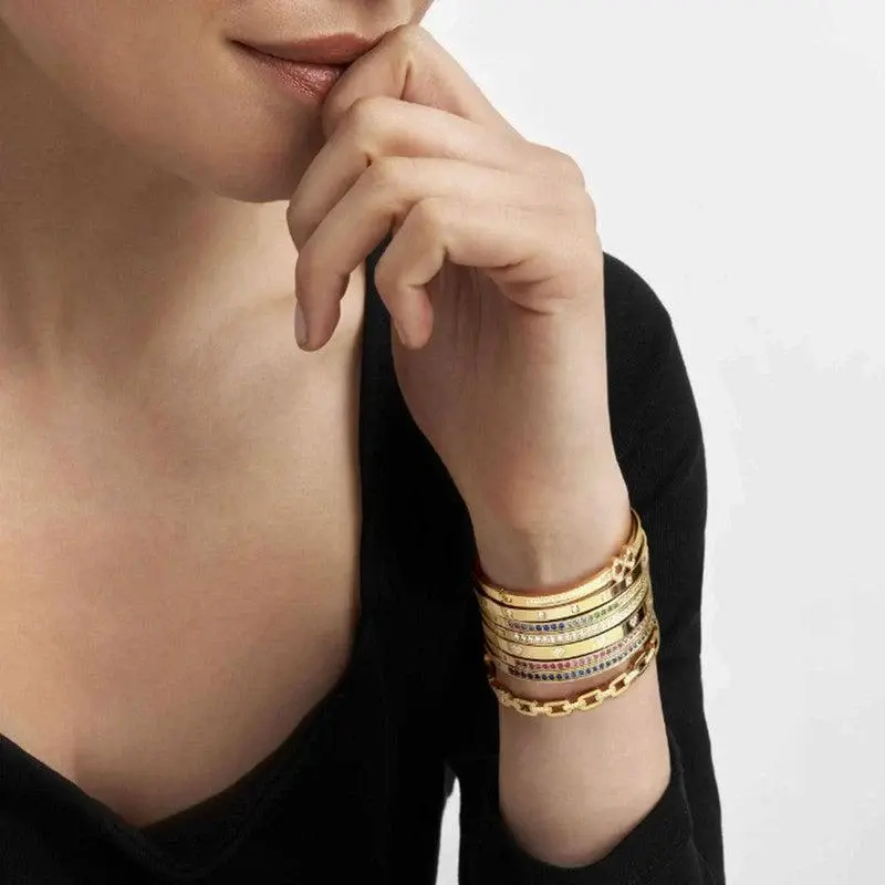 PRETTY BANGLES bracelet in steel and SQUARE cz (LARGE SIZE) (012_Yellow Gold)