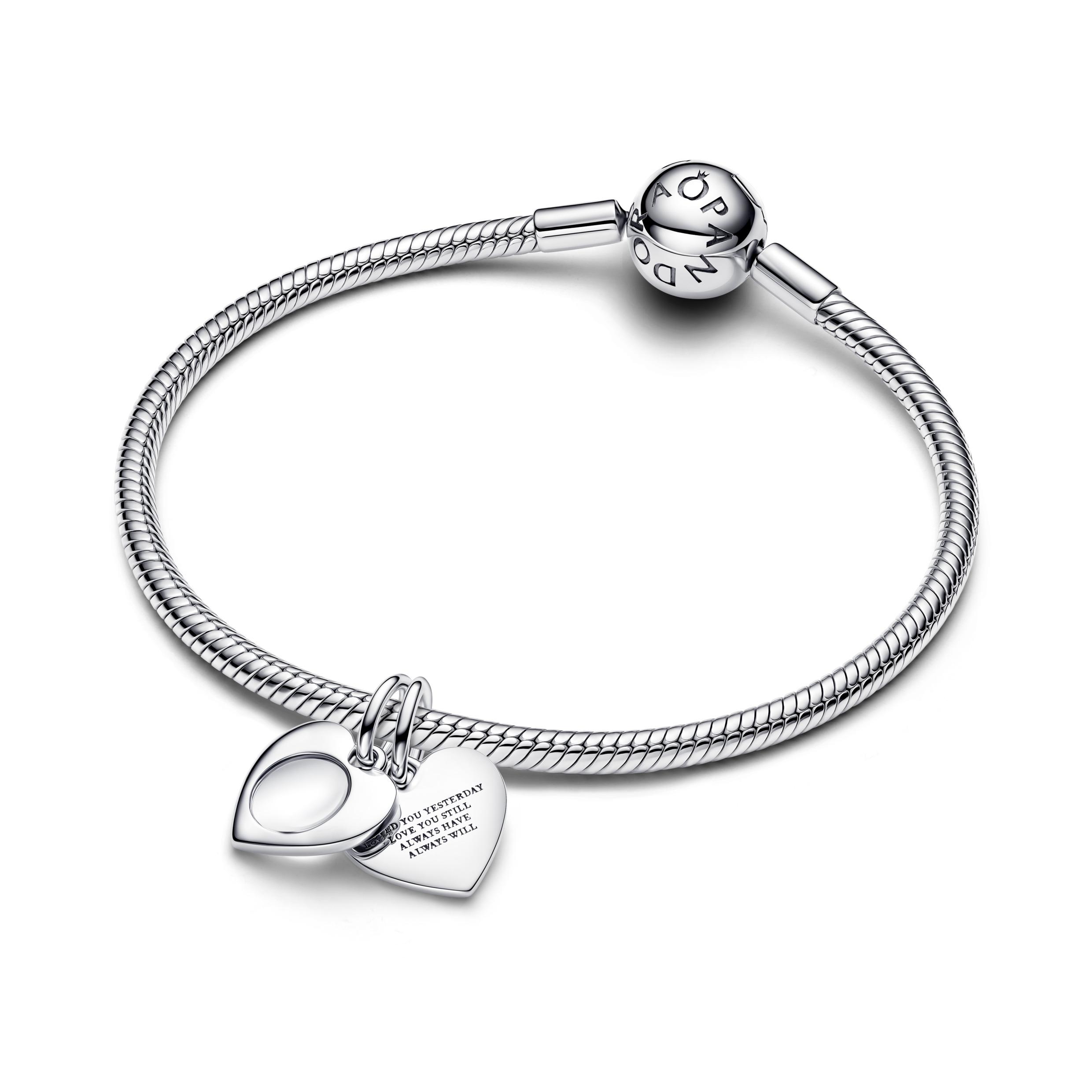 Engravable heart sterling silver double dangle with magnifying glass