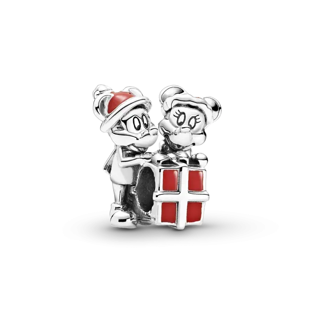 Серебряный шарм Disney Mickey, Minnie и подарочная коробка с красной эмалью