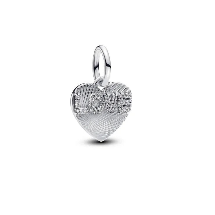 Engravable love heart sterling silver dangle with clear cubic zirconia