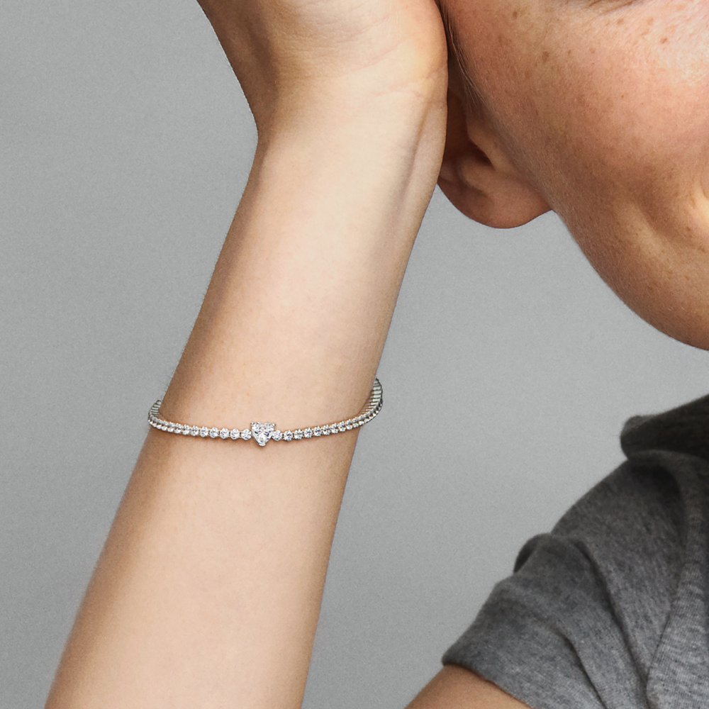 Heart sterling silver tennis bracelet with clear cubic zirconia