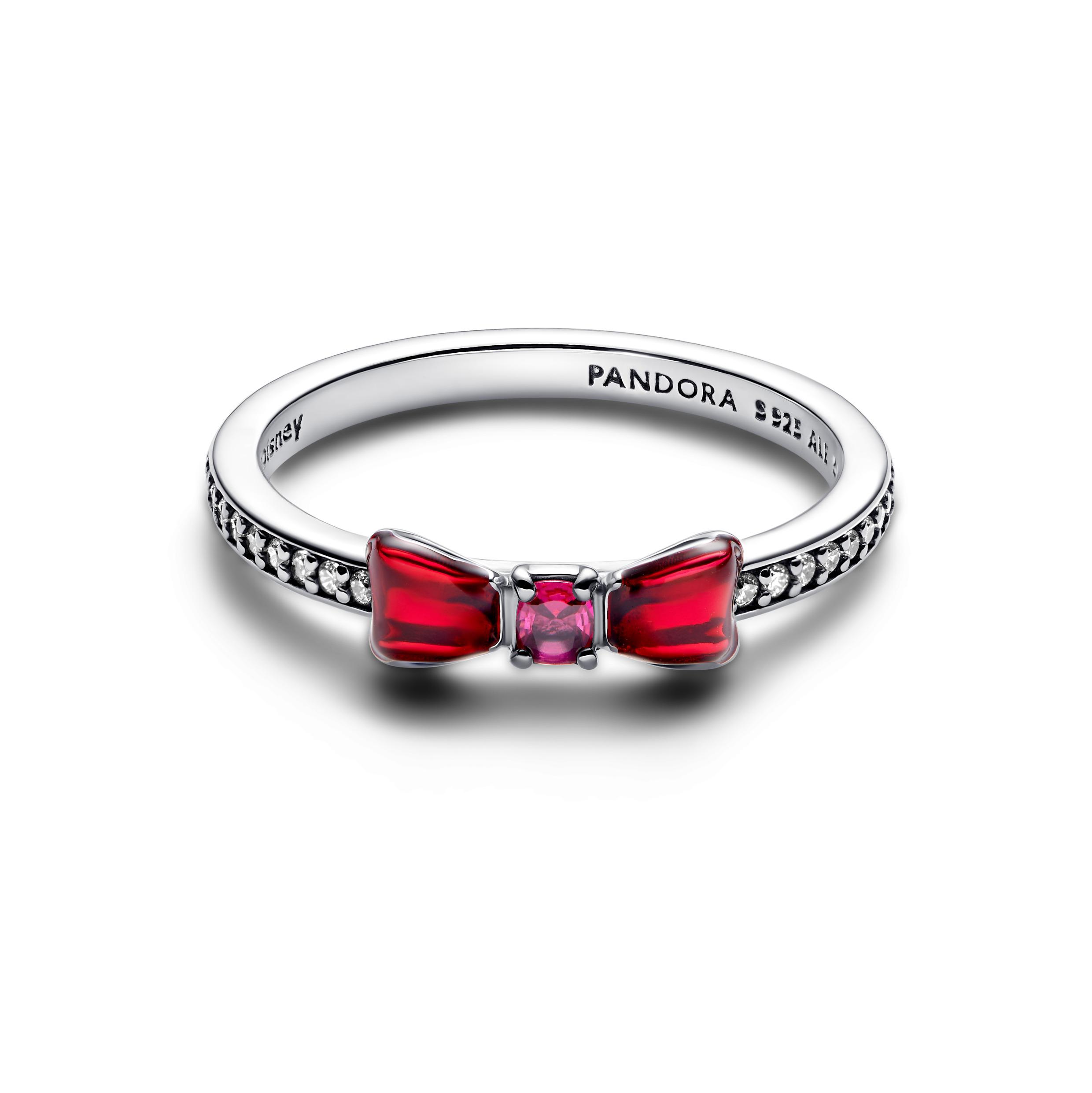 Disney Snow White bow sterling silver ring with fuchsia rose crystal, clear cubic zirconia and red enamel