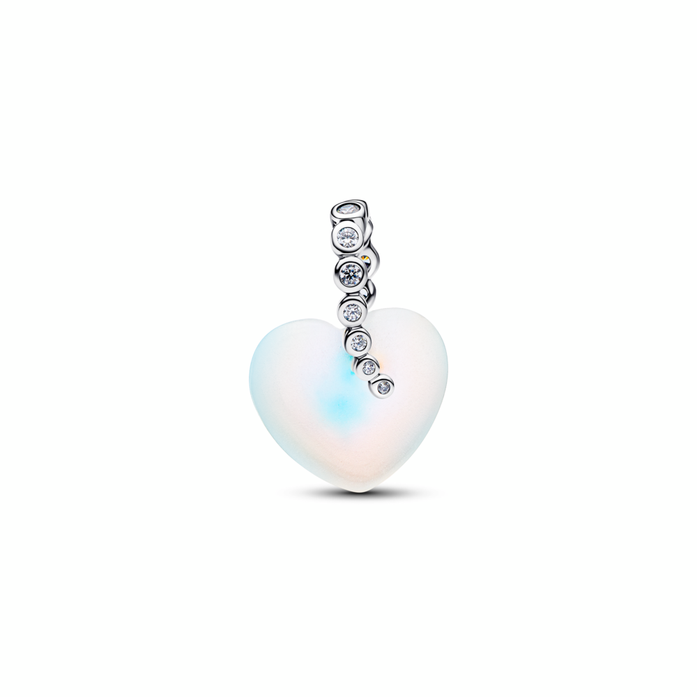 Heart sterling silver dangle with clear cubic zirconia and moonstone iridescent glass Heart sterling silver dangle with clear cubic zirconia and moonstone iridescent glass