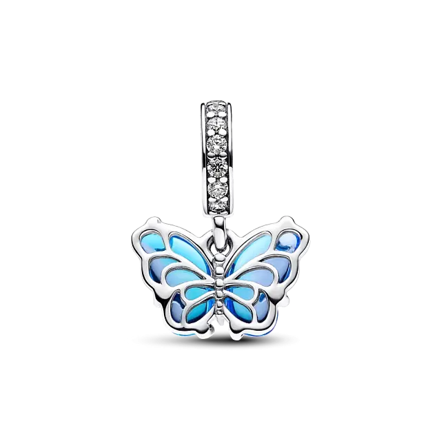 Butterfly sterling silver dangle with bi-colour blue Murano glass and clear cubic zirconia