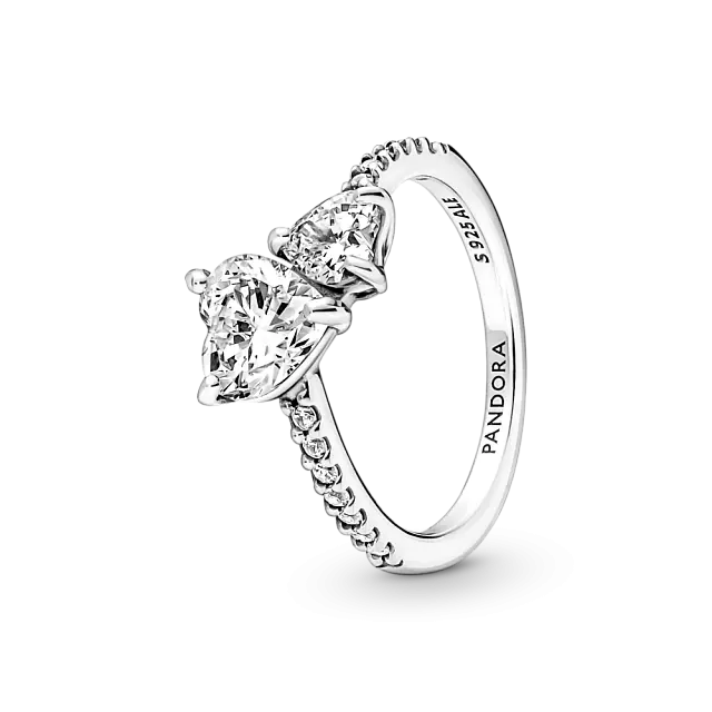 Серебряное кольцо с двойным сердцем и прозрачным кубическим цирконием