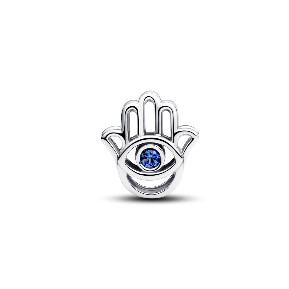 Hamsa hand sterling silver charm with stellar blue crystal Hamsa hand sterling silver charm with stellar blue crystal