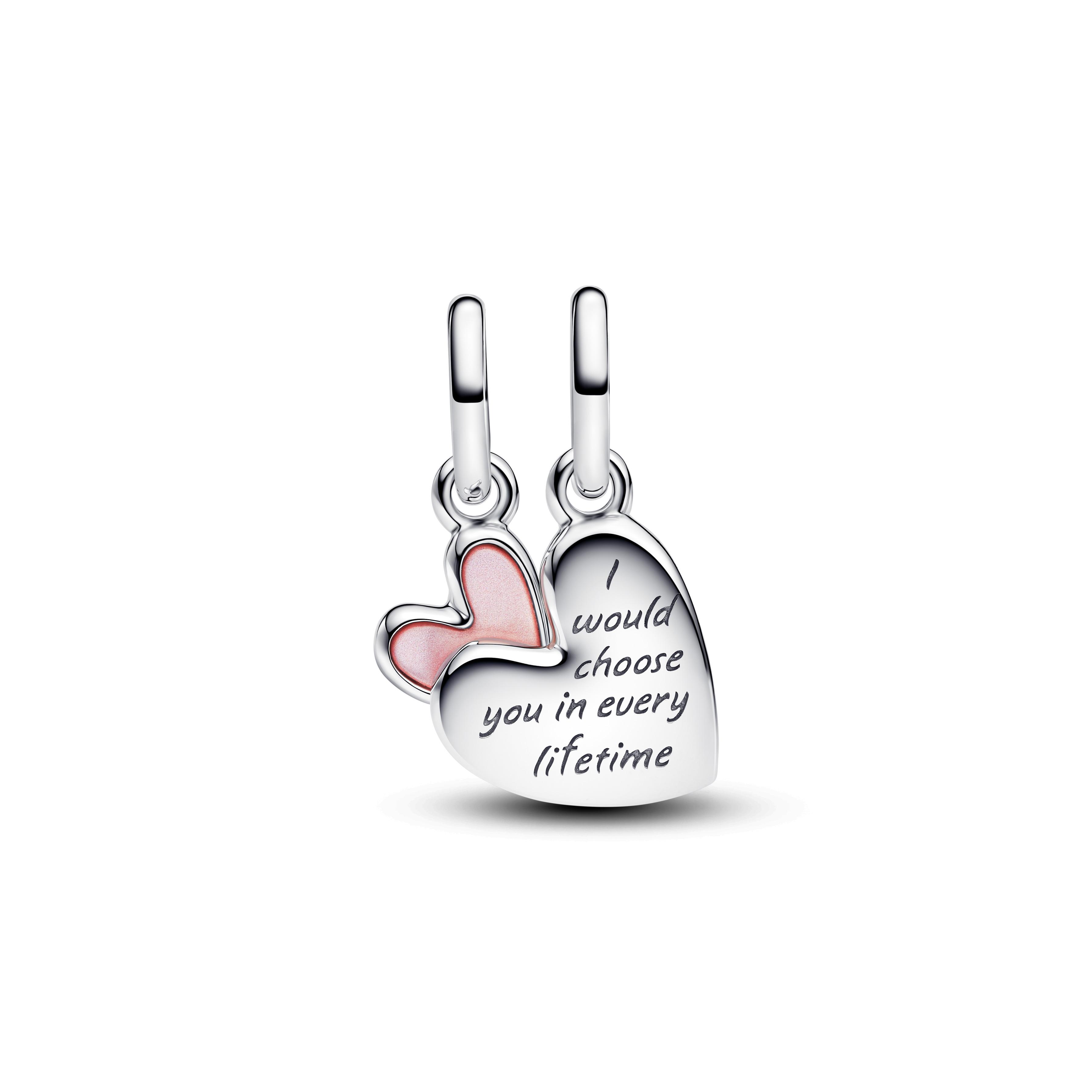 Mother and daughter hearts sterling silver splittable dangle with pink bioresin man-made mother of pearl