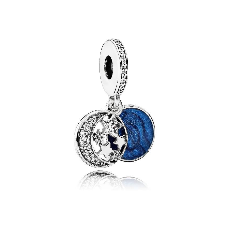 Moon and star silver dangle with clear cubic zirconia and blue enamel