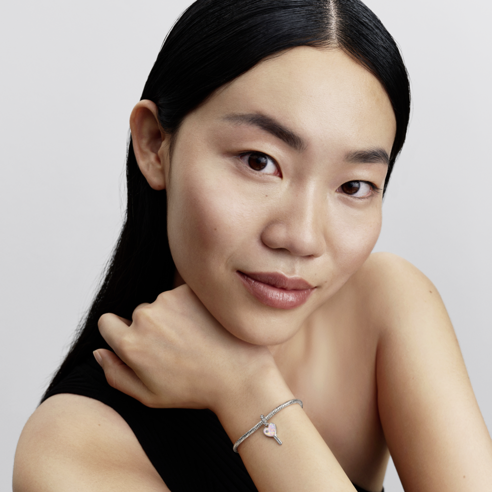 Heart key sterling silver dangle with clear cubic zirconia and lab-created pink opal Heart key sterling silver dangle with clear cubic zirconia and lab-created pink opal