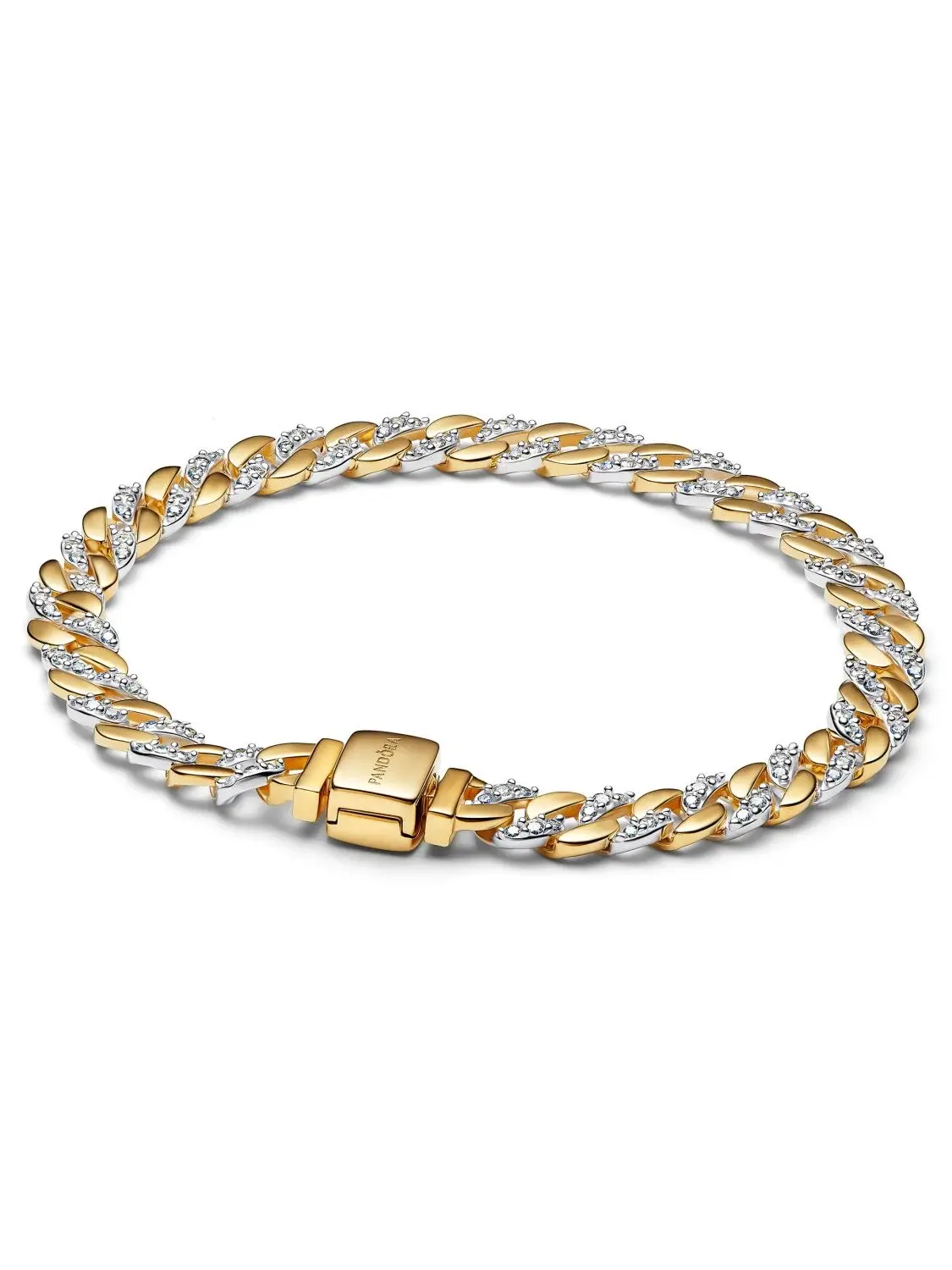 Cuban chain sterling silver and 14k gold-plated bracelet with clear cubic zirconia