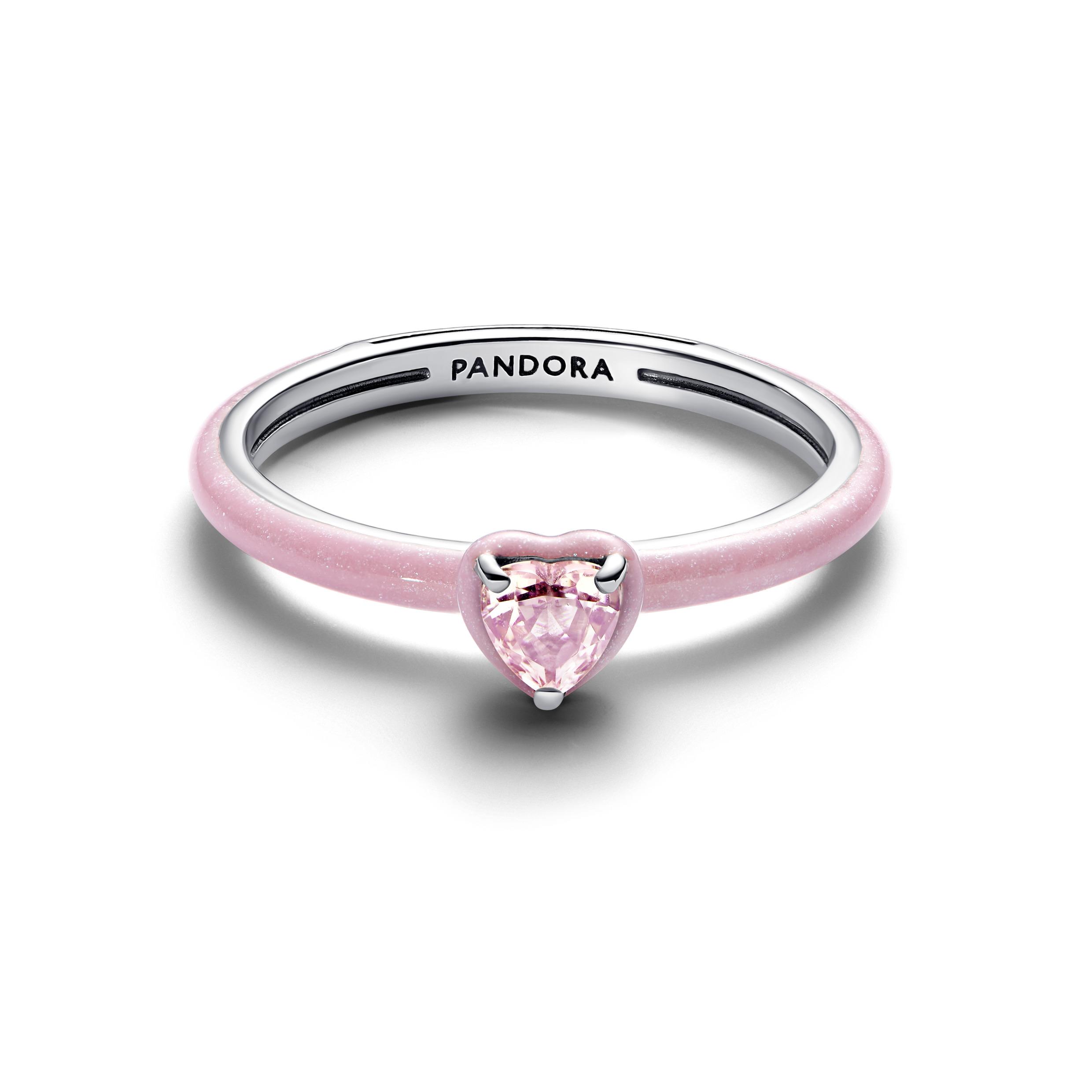 Heart sterling silver ring with orchid pink crystal and glittery pink enamel