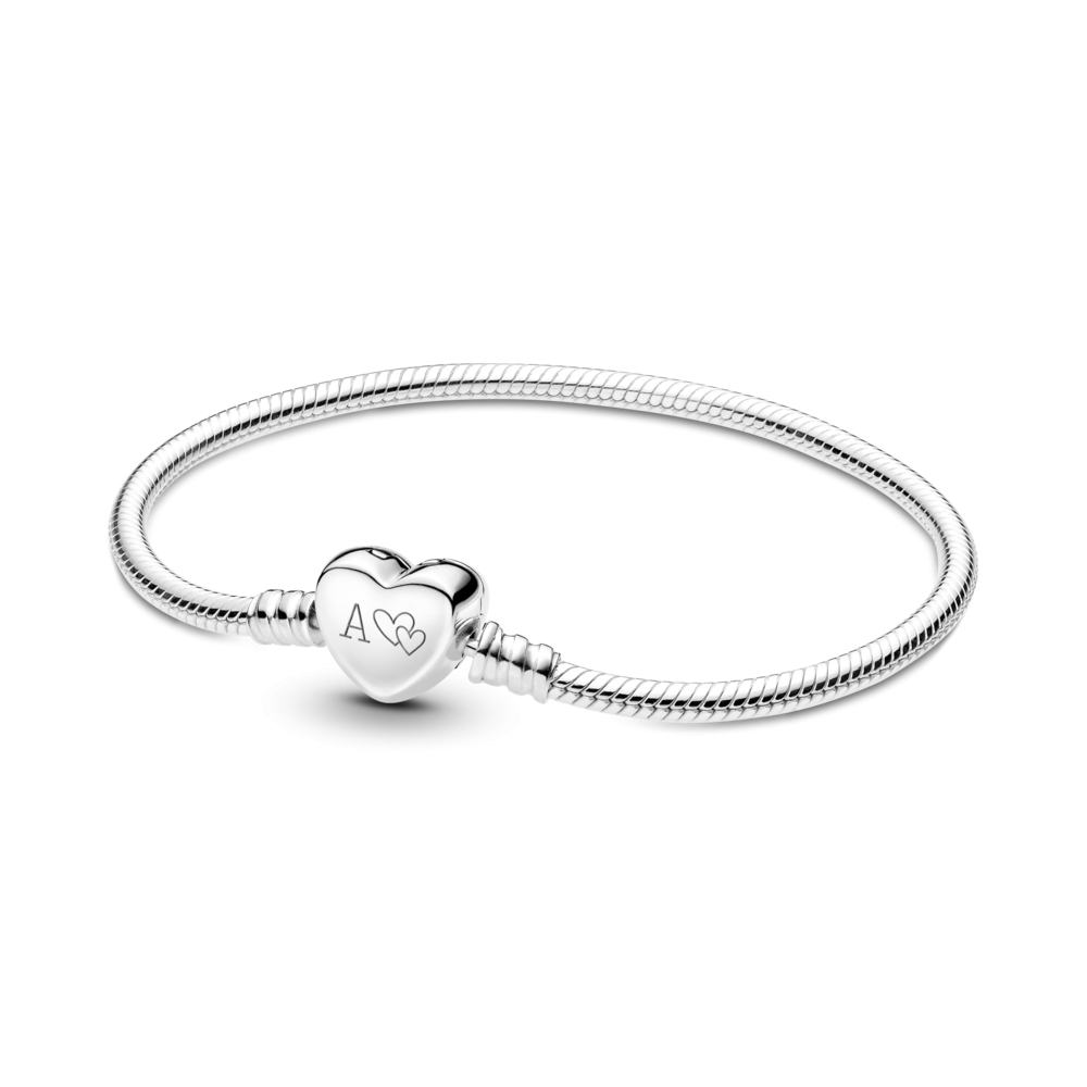 Snake chain sterling silver bracelet with engravable heart clasp