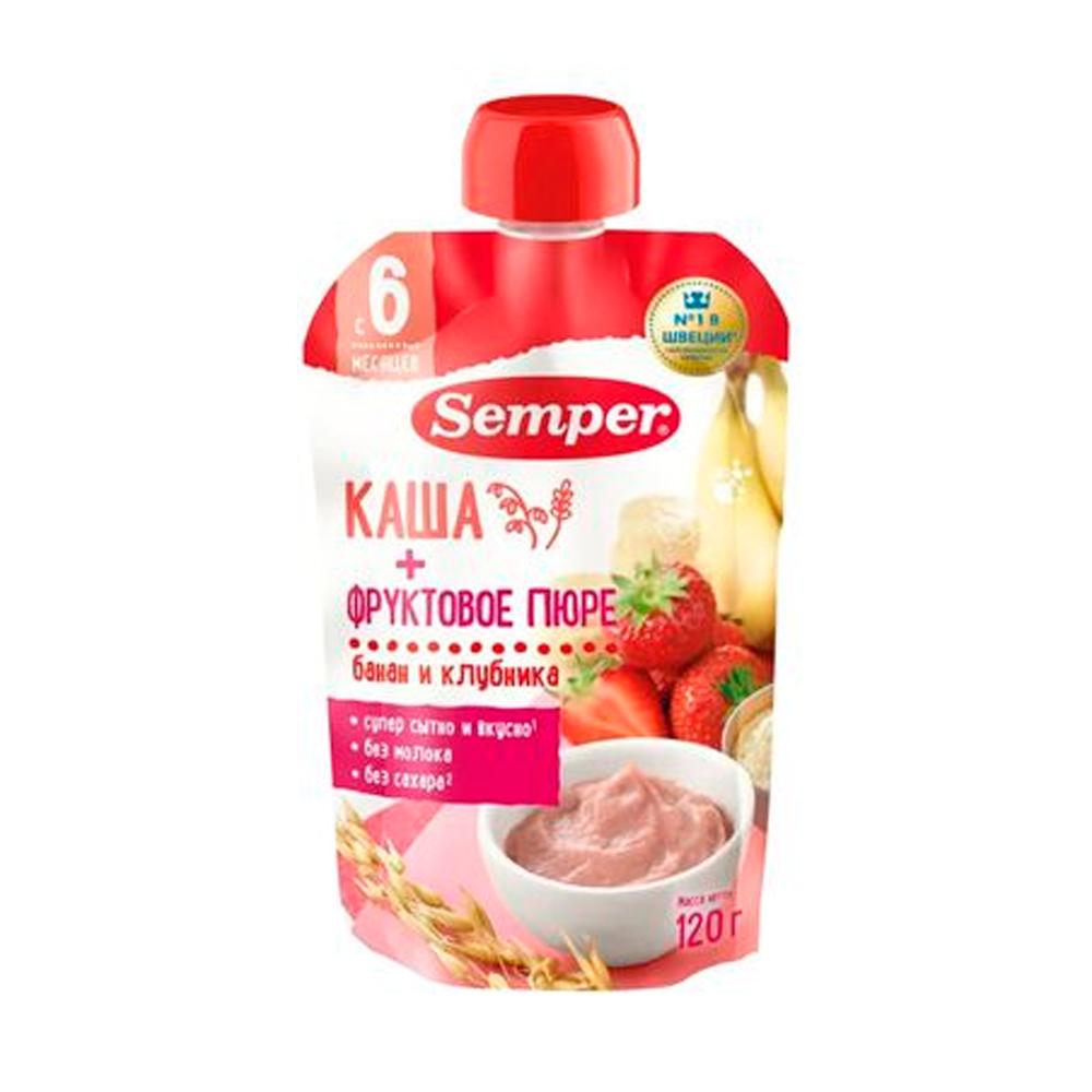 Пюре Semper фруктово-зерновое бананово-клубничное с кашей 6м+