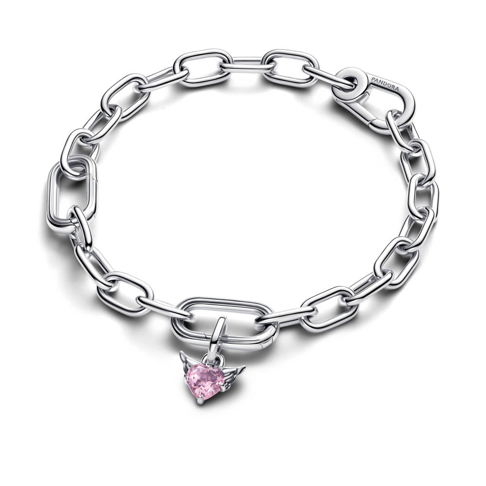 Winged heart sterling silver mini dangle with orchid pink crystal