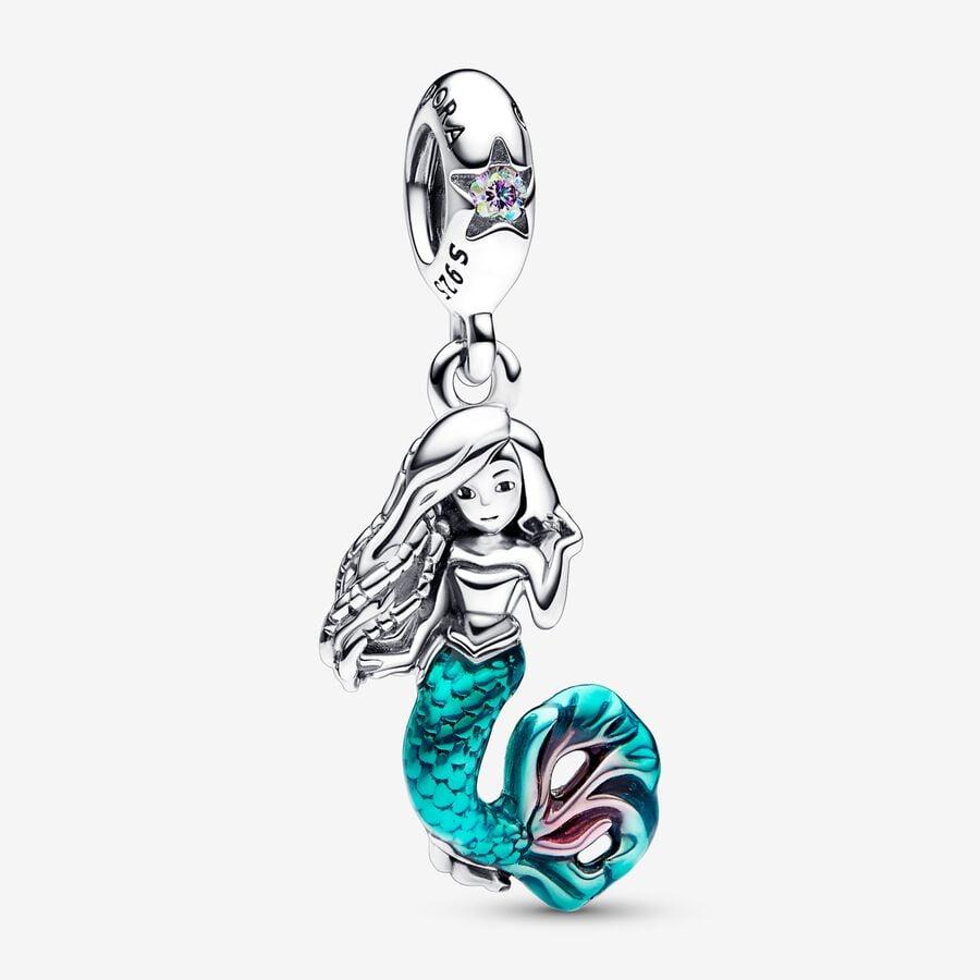 Подвеска из стерлингового серебра Disney The Little Mermaid Ariel с прозрачным кубическим цирконием, прозрачным бирюзовым цветом и вишневой эмалью.