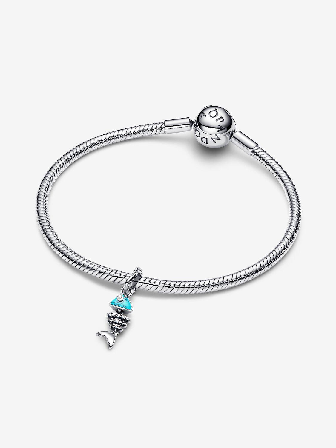 Fishbone sterling silver dangle with clear cubic zirconia and imitation turquoise