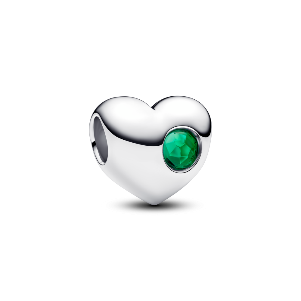 Engravable heart sterling silver charm with royal green crystal