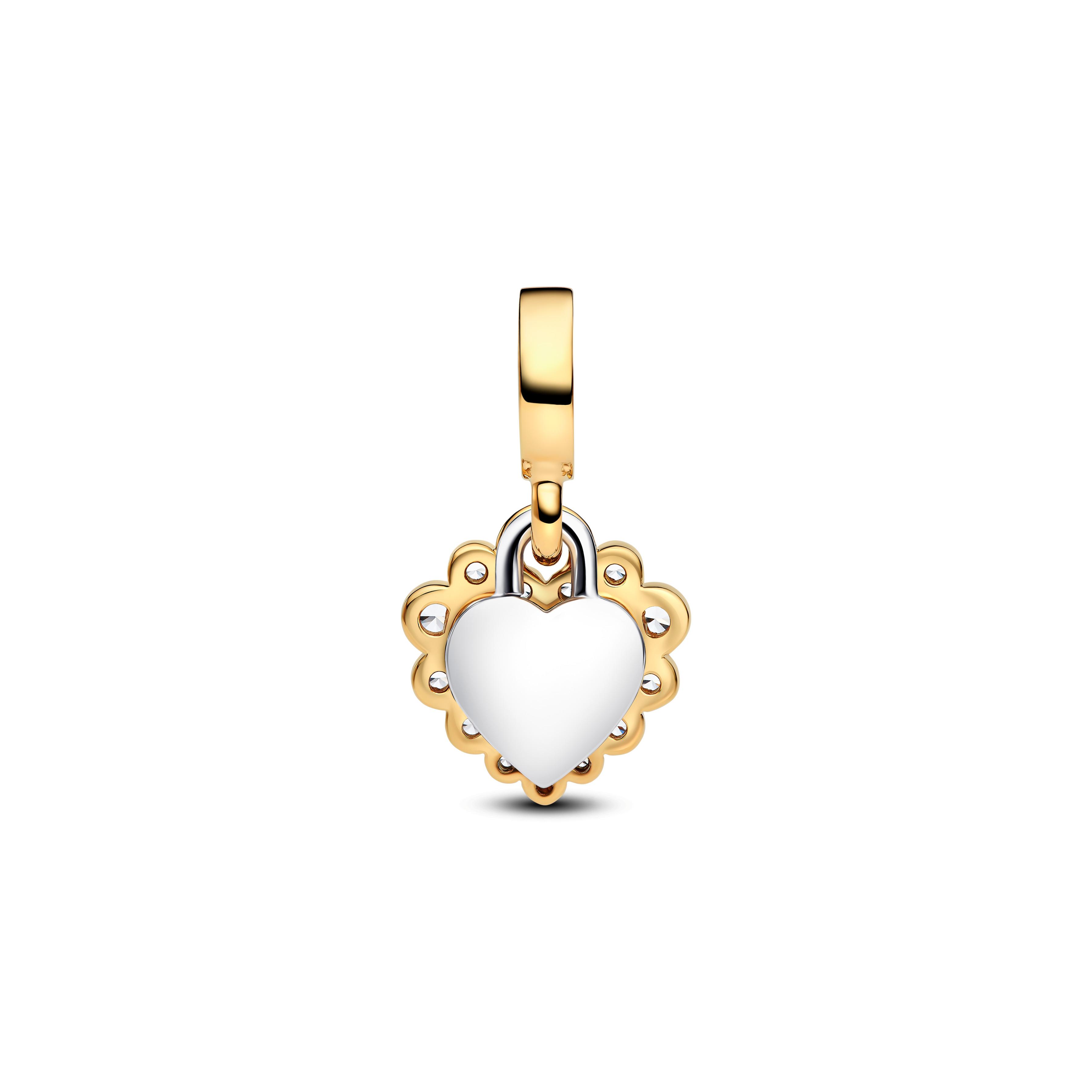 Heart sterling silver and 14k gold-plated double dangle with clear cubic zirconia and transparent resin