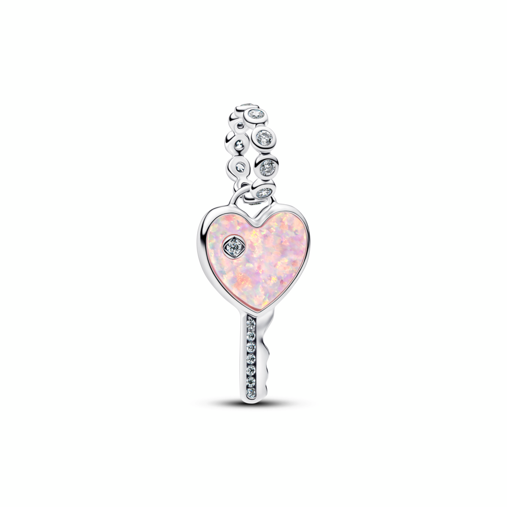 Heart key sterling silver dangle with clear cubic zirconia and lab-created pink opal Heart key sterling silver dangle with clear cubic zirconia and lab-created pink opal