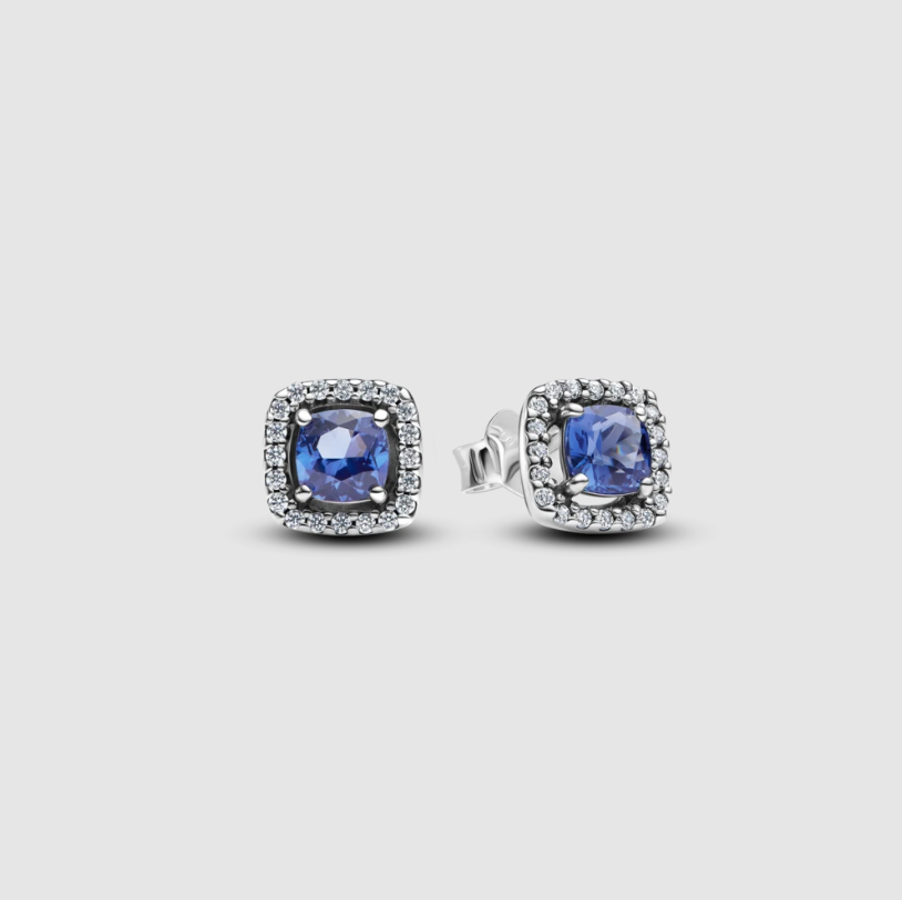 Sterling silver stud earrings with cornflower blue crystal and clear cubic zirconia