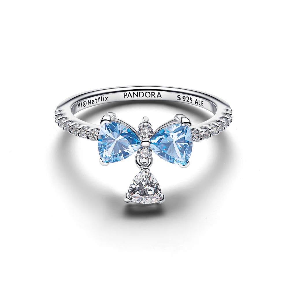 Bow sterling silver ring with dream blue crystal and clear cubic zirconia