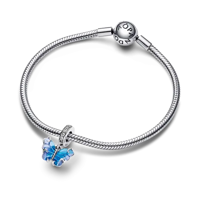 Butterfly sterling silver dangle with bi-colour blue Murano glass and clear cubic zirconia