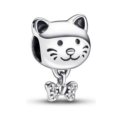 Cat sterling silver charm with clear cubic zirconia