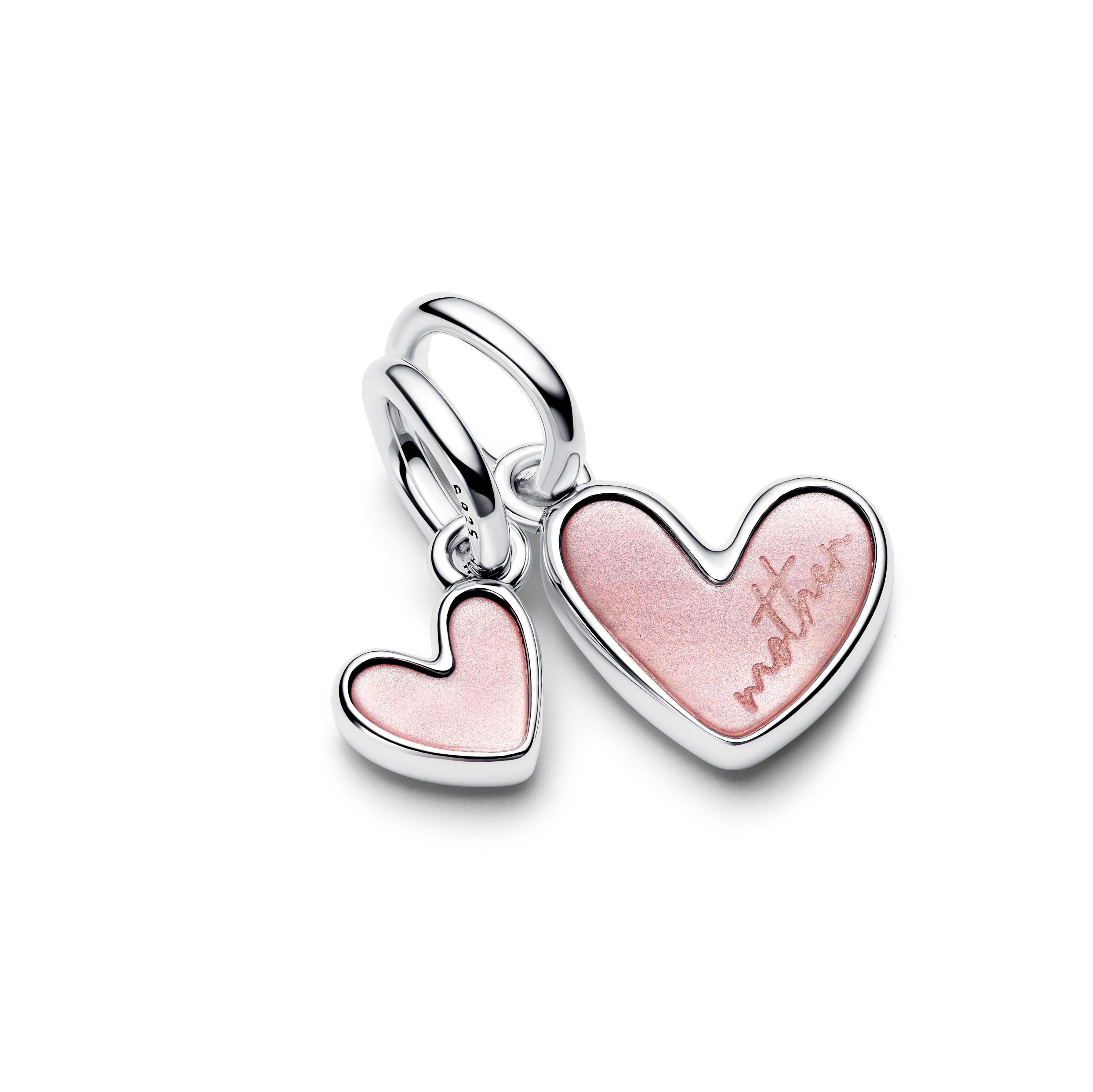 Mother and daughter hearts sterling silver splittable dangle with pink bioresin man-made mother of pearl