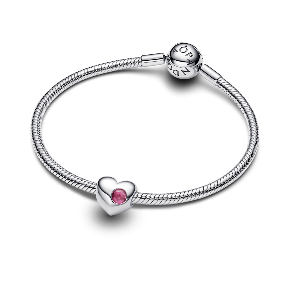 Engravable heart sterling silver charm with phlox pink crystal