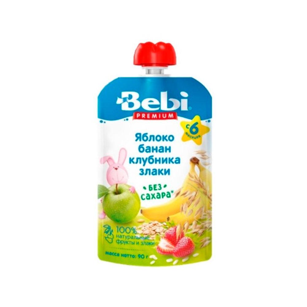 Пюре BEBI фруктовое яблоко банан клубника злаки 6м+  90 гр